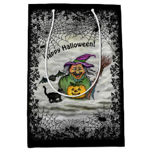 Hexe, Katze, Bat und Kürbis, glückliches Halloween Mittlere Geschenktüte