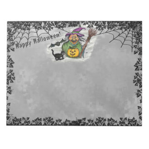 Hexe, Katze, Bat und Kürbis, glückliches Halloween Notizblock
