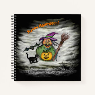 Hexe, Katze, Bat und Kürbis, glückliches Halloween Notizbuch