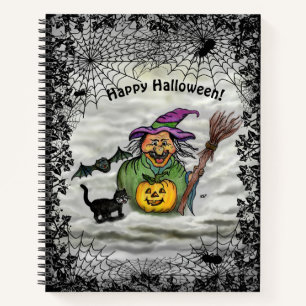 Hexe, Katze, Bat und Kürbis, glückliches Halloween Notizbuch