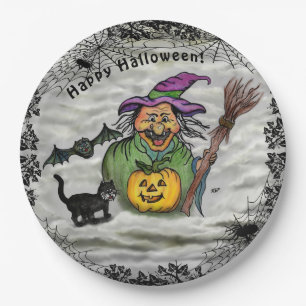 Hexe, Katze, Bat und Kürbis, glückliches Halloween Pappteller