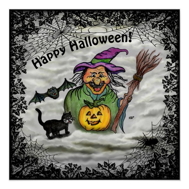 Hexe, Katze, Bat und Kürbis, glückliches Halloween Poster (Vorderseite)