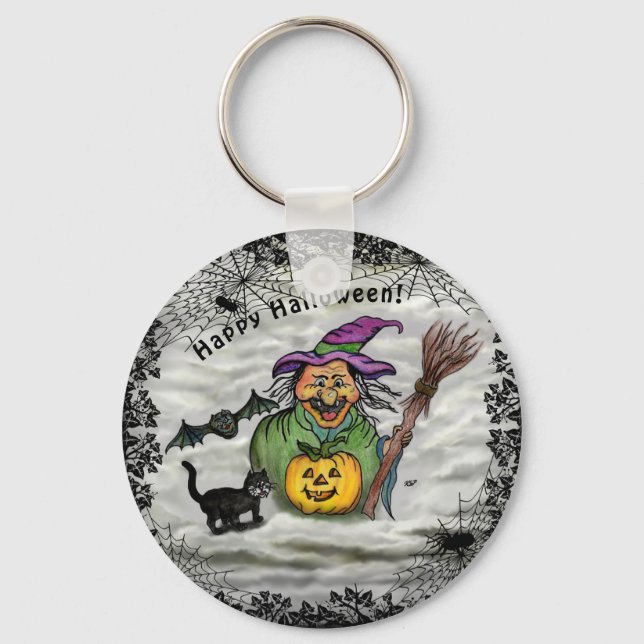 Hexe, Katze, Bat und Kürbis, glückliches Halloween Schlüsselanhänger (Vorderseite)