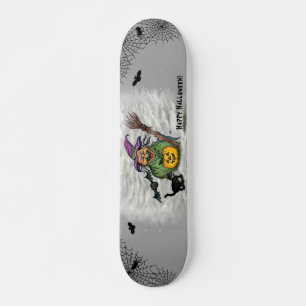 Hexe, Katze, Bat und Kürbis, glückliches Halloween Skateboard