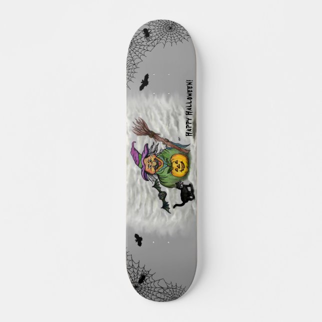 Hexe, Katze, Bat und Kürbis, glückliches Halloween Skateboard (Vorne)