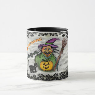 Hexe, Katze, Bat und Kürbis, glückliches Halloween Tasse