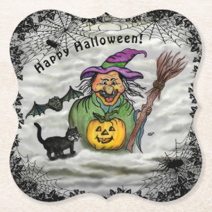 Hexe, Katze, Bat und Kürbis, glückliches Halloween Untersetzer