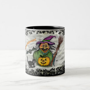 Hexe, Katze, Bat und Kürbis, glückliches Halloween Zweifarbige Tasse