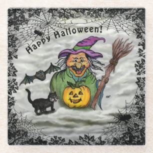 Hexe , Katze , Bat und Pumpkin , glückliches Hall Glasuntersetzer