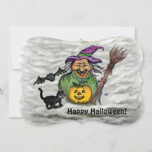 Hexe, Katze, Fledermaus und Kürbis, Frohes Hallowe Einladung