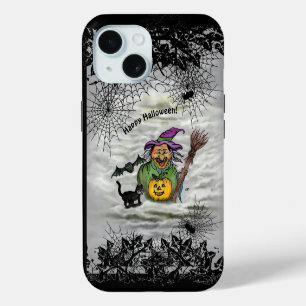 Hexe, Katze, Fledermaus und Kürbis, Frohes Hallowe iPhone 15 Hülle