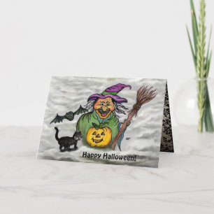 Hexe, Katze, Fledermaus und Kürbis, Frohes Hallowe Karte