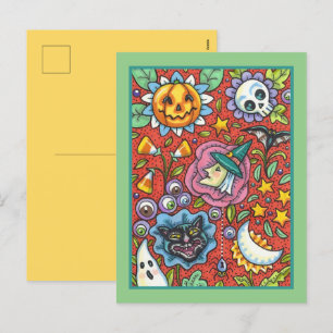 HEXE, KATZE, GEIST, FARBENFROHE HALLOWEEN-FIGUREN  FEIERTAGSPOSTKARTE