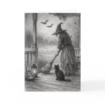 Hexe, Katze und Fledermäuse Halloween-Grußkarte