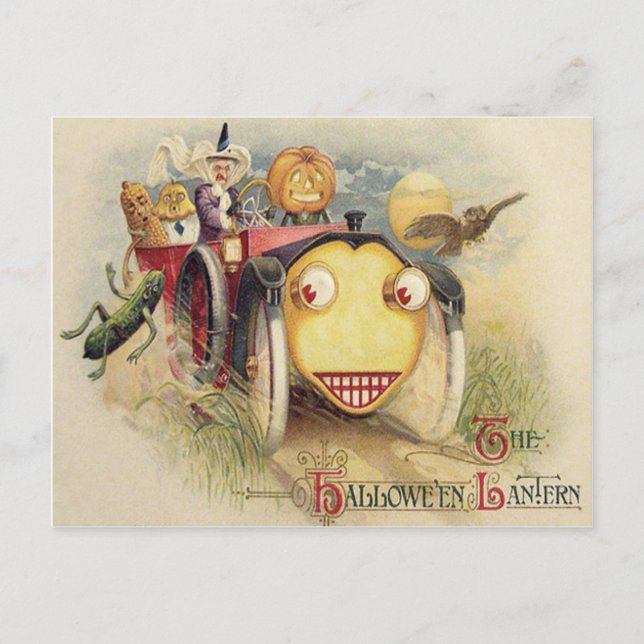 Hexe Kürbislaterne Autokugel Vollmond Postkarte (Vorderseite)