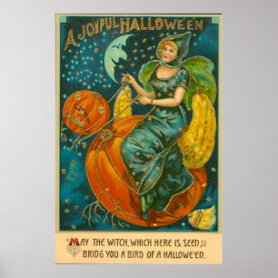 Hexe Kürbislaterne Bird Pumpkin Crescent Moon Poster