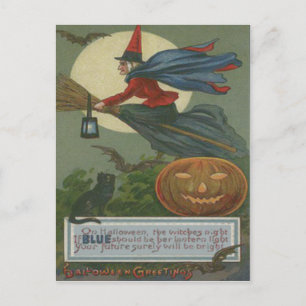 Hexe Kürbislaterne Schwarze Katze Vollmond Postkarte