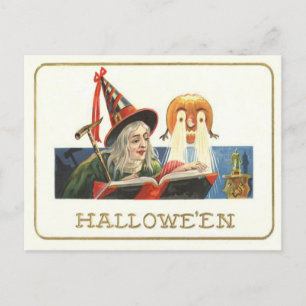 Hexe liest Jack O Lantern Kürbis Postkarte