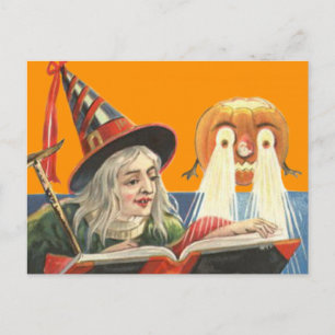 Hexe liest Jack O Lantern Kürbis Postkarte
