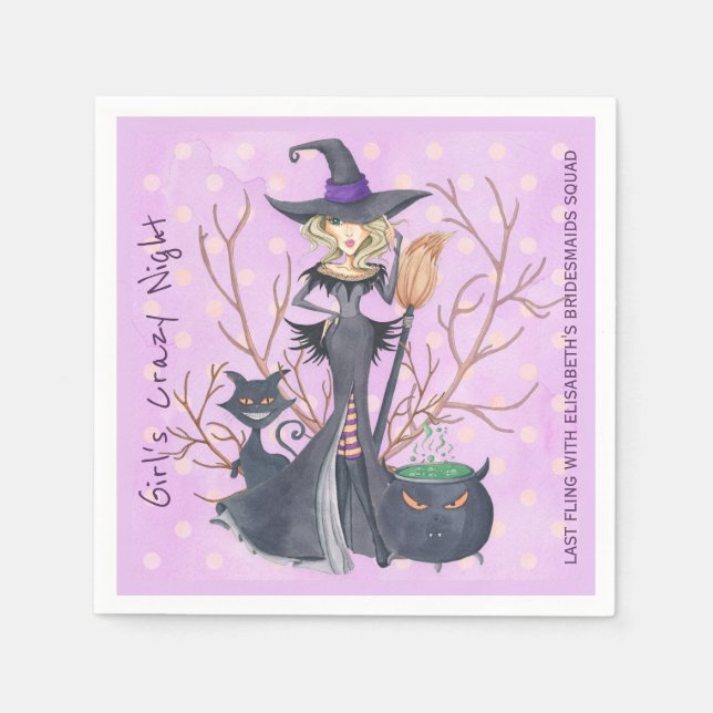 Hexe mit Besen Halloween-Junggeselinnen-Abschied Serviette (Vorderseite)