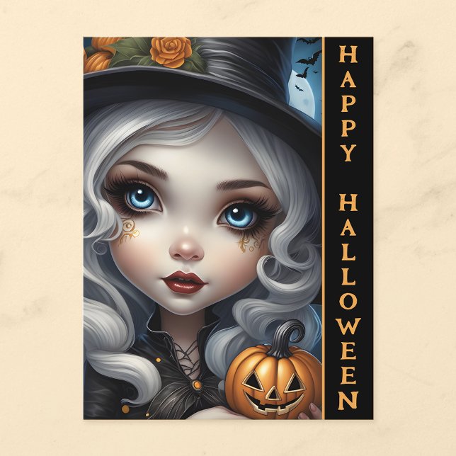 Hexe mit Carved Pumpkin Happy Halloween Postcard Postkarte (🧙‍♀️ Spooky Greetings: Witch Doll Halloween Postcard! 🎃)