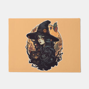 Hexe mit dem schwarzen Katzenhalloween Fußmatte