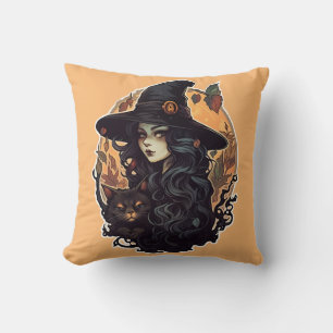 Hexe mit dem schwarzen Katzenhalloween Kissen