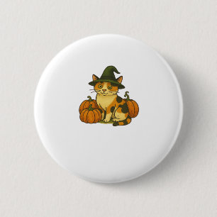 Hexe mit dreifarbiger Katze und Kürbissen Hallowee Button