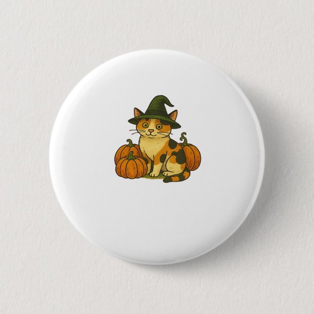Hexe mit dreifarbiger Katze und Kürbissen Hallowee Button (Vorderseite)
