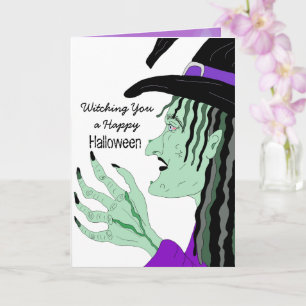 Hexe mit einem glücklichen Halloween-Handgezeichne Karte