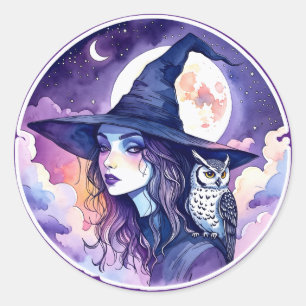 Hexe mit einem Owl - Halloween Fan Fun 2 Runder Aufkleber