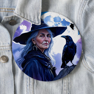 Hexe mit einem Raven - Halloween Fan Fun 1 Button