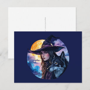 Hexe mit einem Wolf - Halloween Fan Fun 1 Postkarte