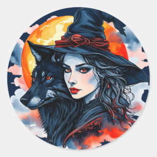 Hexe mit einem Wolf - Halloween Fan Fun 2 Runder Aufkleber