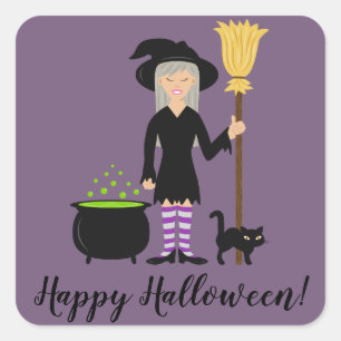 Hexe mit einer Katze und Happy Halloween Text Quadratischer Aufkleber