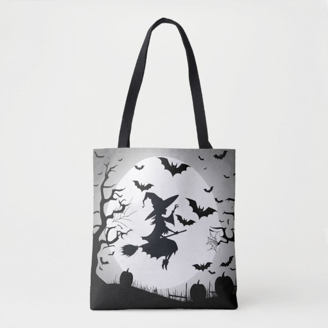 Hexe mit Fledermäusen Funny Halloween Thema Tasche (Vorderseite)
