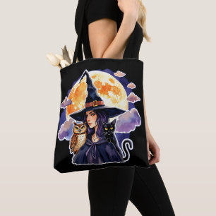 Hexe mit Katze und Eule - Halloween Fan Fun 2 Tasche