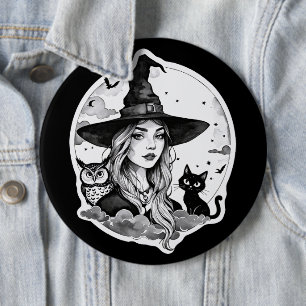 Hexe mit Katze und Schüssel - Halloween Fan Spaß 1 Button