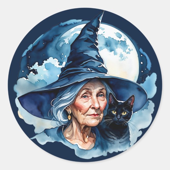 Hexe mit Katze - Wicca Halloween 1 Runder Aufkleber (Vorderseite)