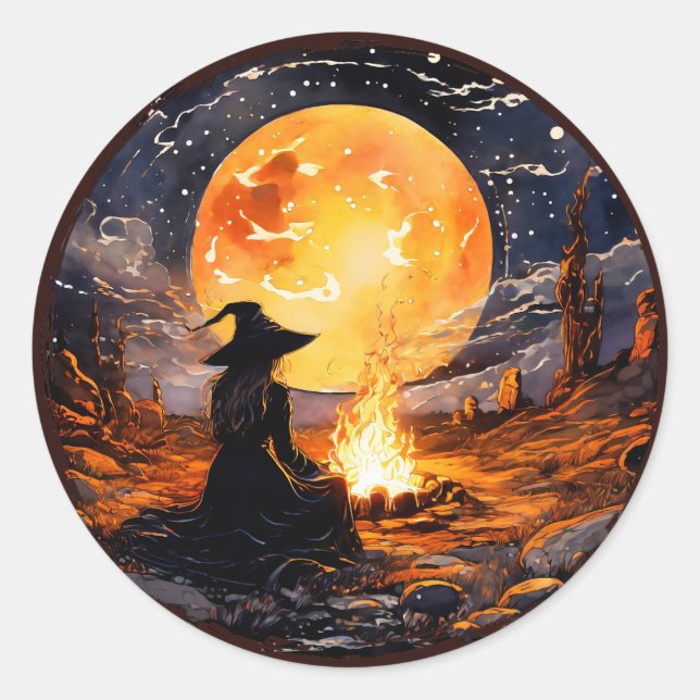 Hexe mit Kerzen und Feuer - Wicca Halloween 1 Runder Aufkleber (Vorderseite)