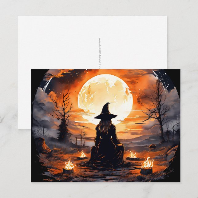 Hexe mit Kerzen und Feuer - Wicca Halloween 2 Postkarte (Vorne/Hinten)
