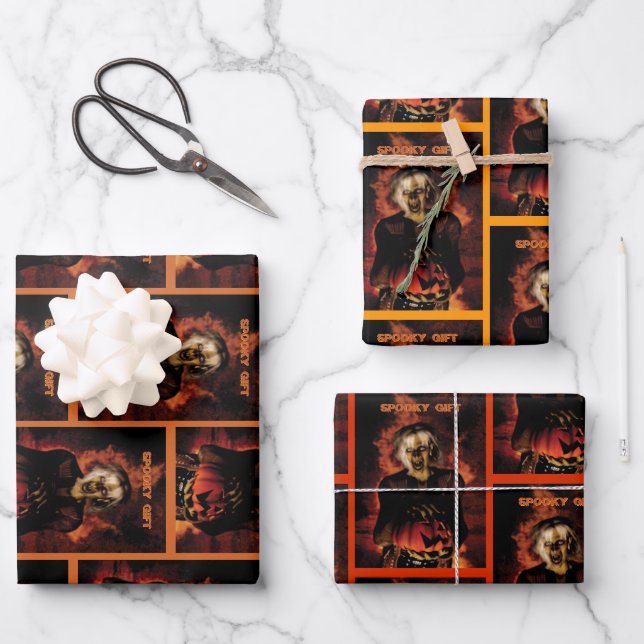 Hexe mit Kürbis gewischt. Halloween Geschenkpapier Set (Vorderseite)