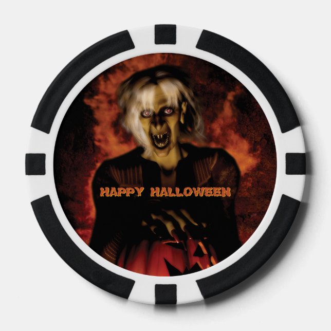 Hexe mit Kürbis gewischt. Halloween Pokerchips (Vorderseite)