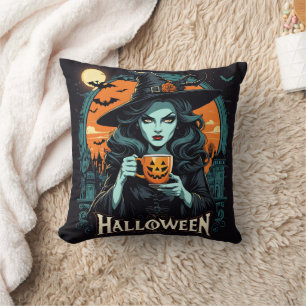 Hexe mit Kürbiskürbis-Tasse zu Halloween Kissen