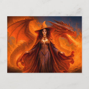 Hexe mit rotem Drachen und loderndem Feuer Feiertagspostkarte