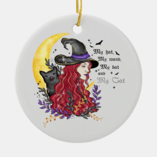 Hexe mit schwarzer Katze und Halbmond Keramik Ornament