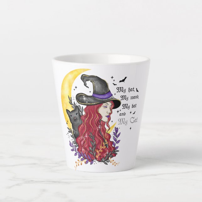 Hexe mit schwarzer Katze und Halbmond Milchtasse (Vorderseite)