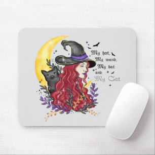 Hexe mit schwarzer Katze und Halbmond Mousepad