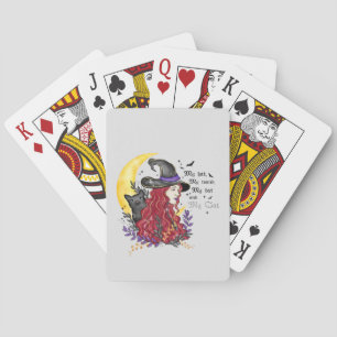 Hexe mit schwarzer Katze und Halbmond Spielkarten