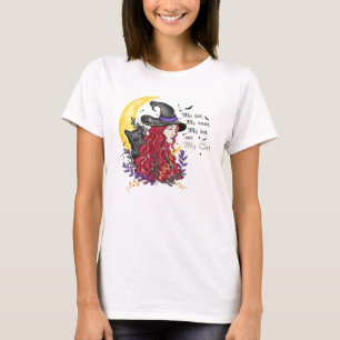 Hexe mit schwarzer Katze und Halbmond T-Shirt